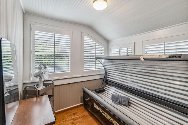 miscellaneous room featuring vaulted ceiling and hardwood / wood-style flooring