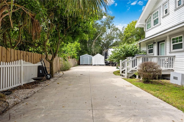 exterior space featuring a shed