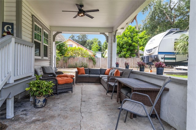 view of patio / terrace featuring ceiling fan and outdoor lounge area