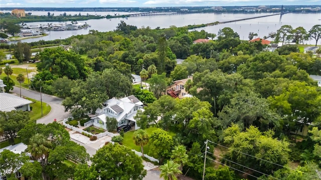 bird's eye view with a water view