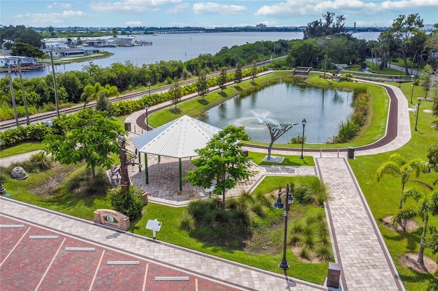 bird's eye view with a water view