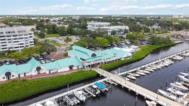 bird's eye view with a water view