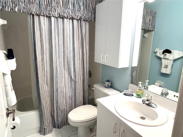 full bathroom featuring vanity, toilet, shower / bathtub combination with curtain, and tile patterned floors