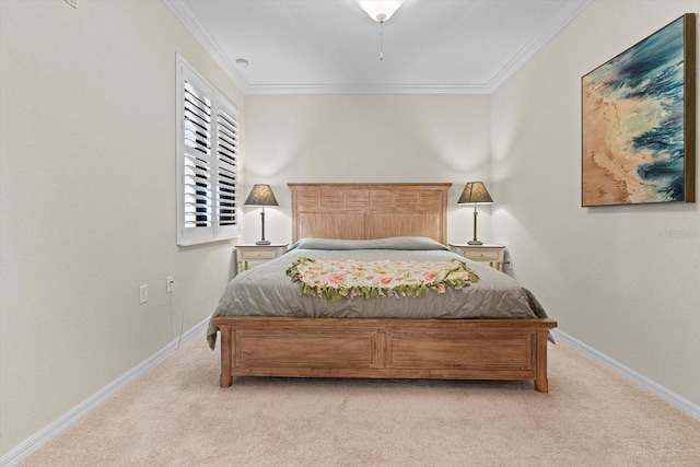 bedroom featuring light carpet and crown molding