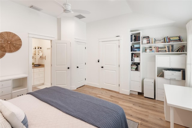 bedroom featuring ceiling fan, lofted ceiling, and light hardwood / wood-style floors