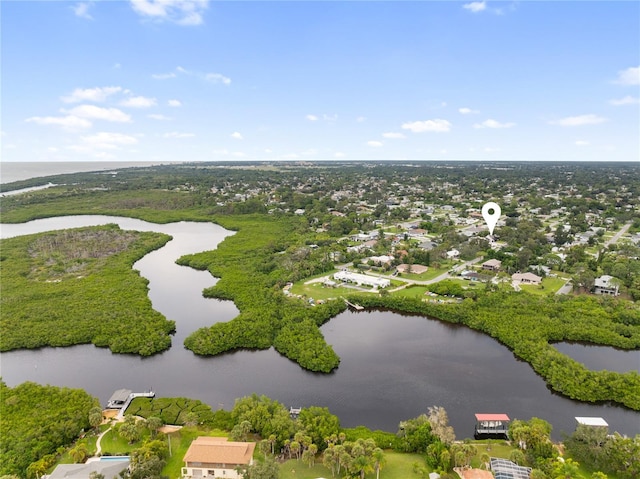 drone / aerial view with a water view