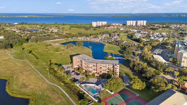 bird's eye view with a water view