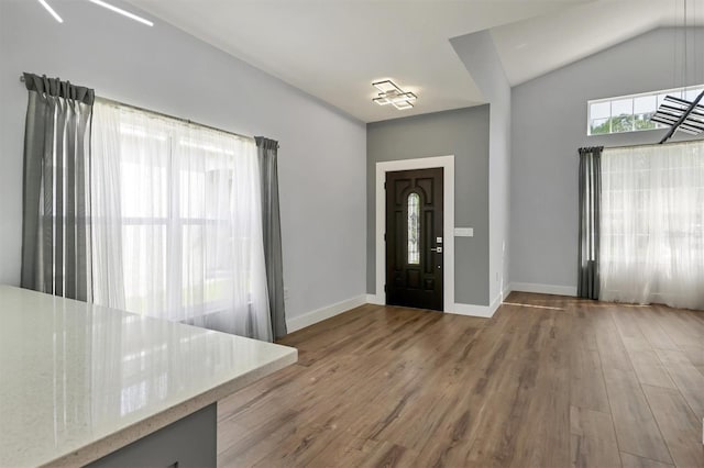 foyer entrance featuring lofted ceiling and hardwood / wood-style flooring