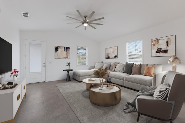 living room featuring ceiling fan, lofted ceiling, and tile patterned floors