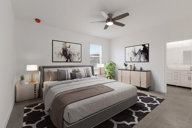 bedroom featuring ceiling fan, light tile patterned flooring, and connected bathroom