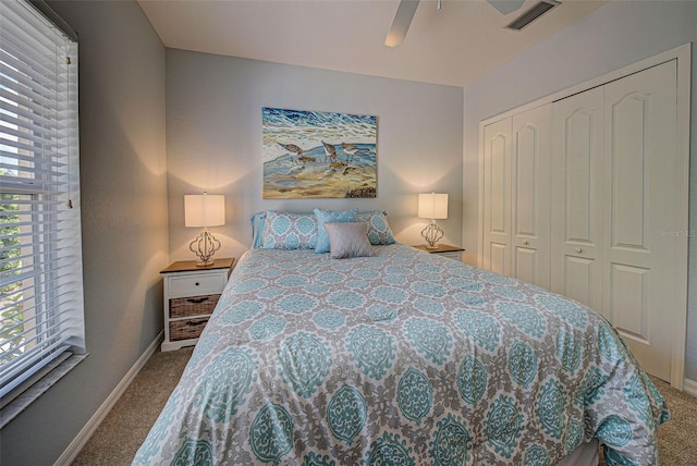 bedroom featuring a closet, carpet, and ceiling fan