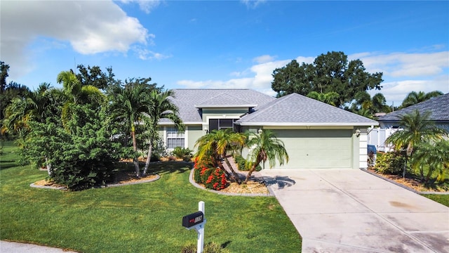 view of front of property featuring a garage and a front lawn