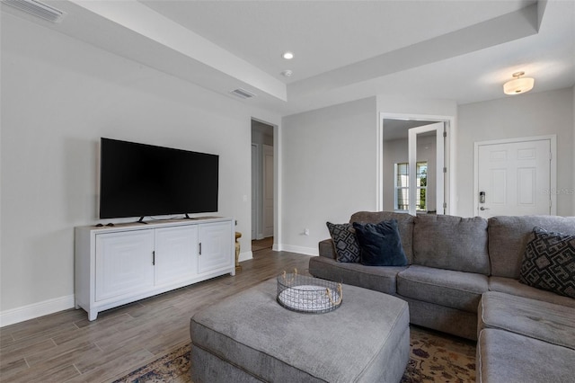 living room with hardwood / wood-style flooring and a tray ceiling