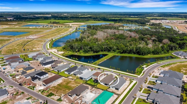 bird's eye view with a water view