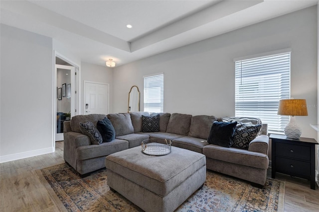 living room with dark hardwood / wood-style flooring