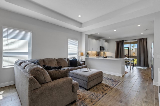 living room with light hardwood / wood-style flooring and sink