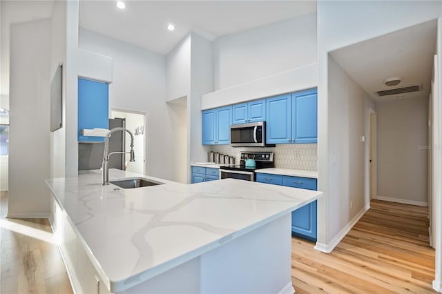 kitchen featuring light hardwood / wood-style floors, sink, kitchen peninsula, appliances with stainless steel finishes, and blue cabinetry