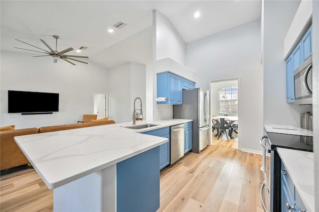 kitchen featuring appliances with stainless steel finishes, blue cabinets, kitchen peninsula, ceiling fan, and sink