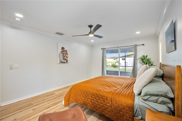 bedroom with wood-type flooring, crown molding, ceiling fan, and access to exterior