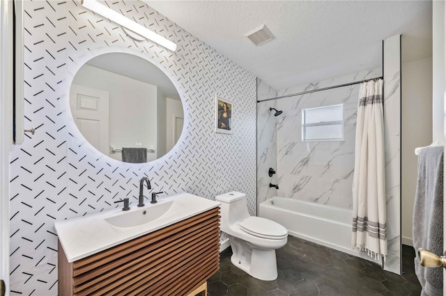 full bathroom with a textured ceiling, tile patterned floors, shower / tub combo with curtain, vanity, and toilet