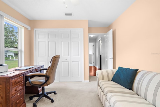 office area featuring light carpet and a healthy amount of sunlight