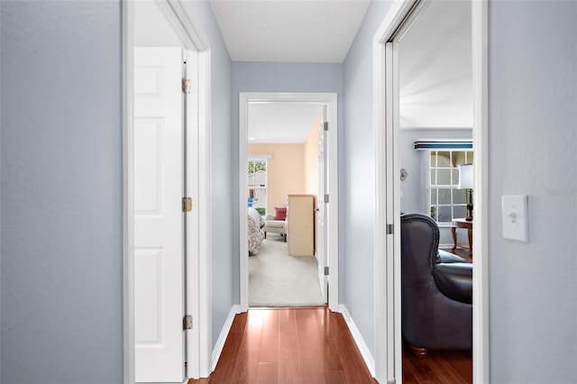 corridor featuring a textured ceiling and wood-type flooring