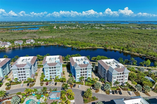 drone / aerial view with a water view