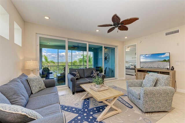 living room with light tile patterned floors