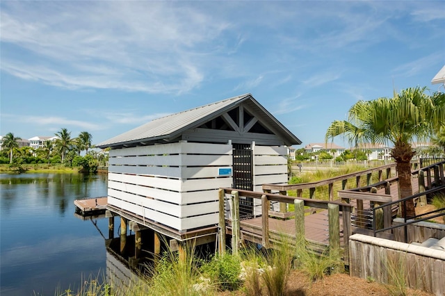 view of outdoor structure with a water view