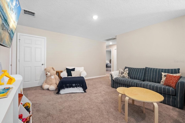 living room featuring a textured ceiling and carpet