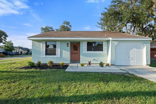 view of front of property with a porch, a garage, and a front yard