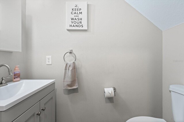 bathroom with vanity, lofted ceiling, and toilet