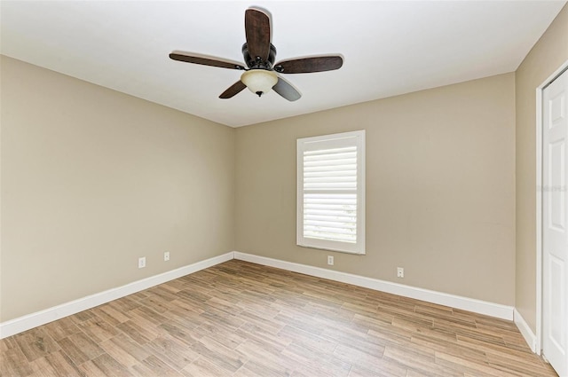 unfurnished room with light wood-type flooring and ceiling fan