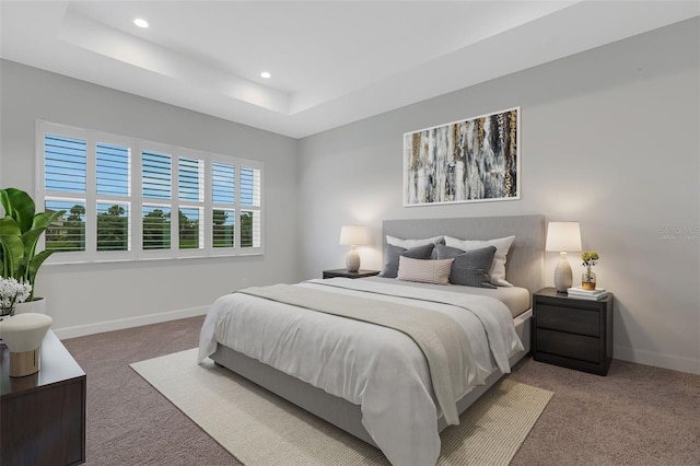 carpeted bedroom featuring a tray ceiling