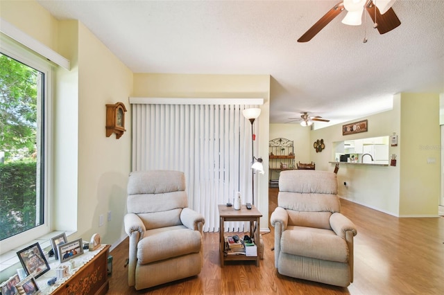 living area featuring wood-type flooring, a textured ceiling, sink, and ceiling fan