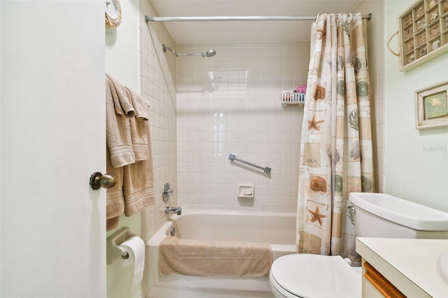 full bathroom featuring shower / bath combination with curtain, vanity, and toilet