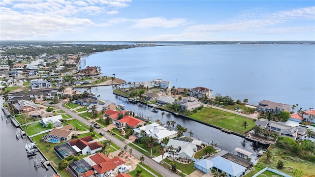 drone / aerial view featuring a water view