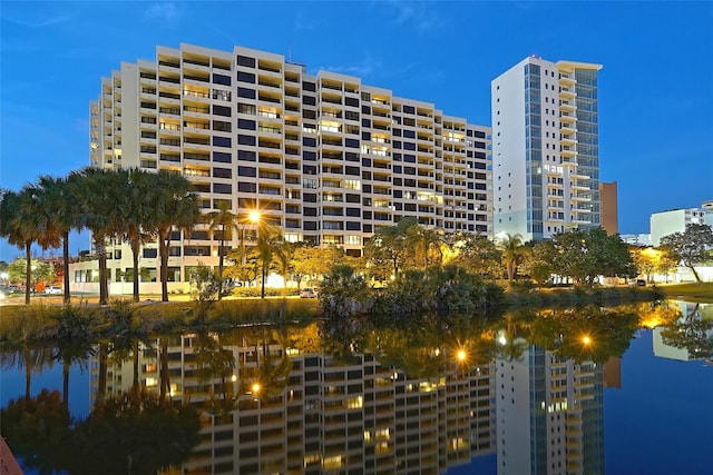 view of building exterior with a water view