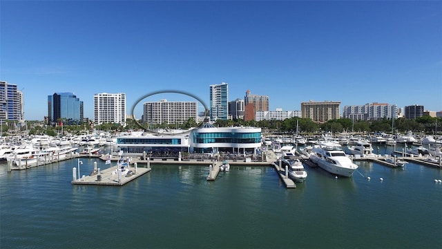 birds eye view of property featuring a water view