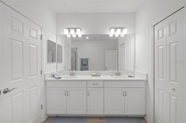 bathroom with vanity and a shower with shower door