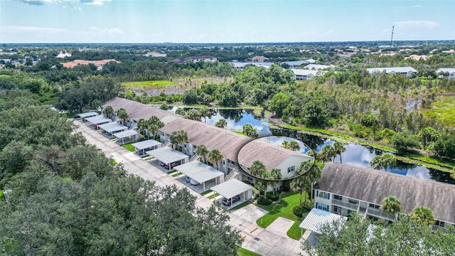 bird's eye view with a water view