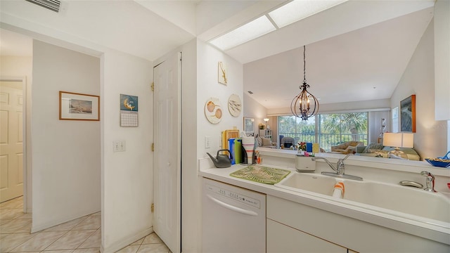 kitchen with vaulted ceiling, dishwasher, pendant lighting, sink, and a notable chandelier