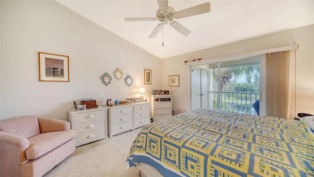 bedroom with lofted ceiling, ceiling fan, light colored carpet, and access to exterior