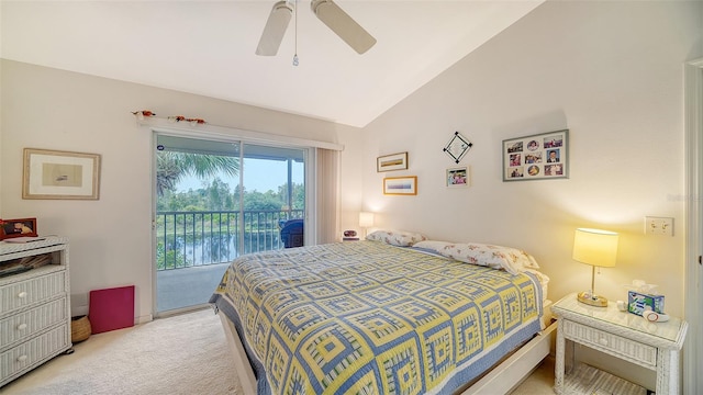 bedroom featuring lofted ceiling, ceiling fan, light carpet, and access to exterior