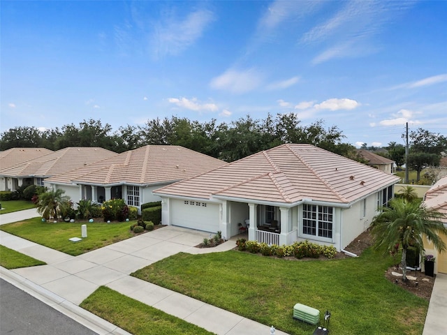 single story home with a garage and a front yard