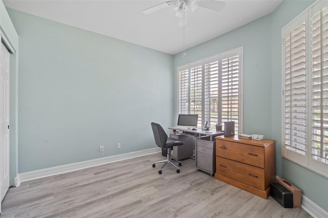 office featuring light hardwood / wood-style floors and ceiling fan