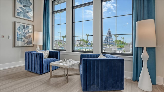 living area featuring a wealth of natural light and hardwood / wood-style floors