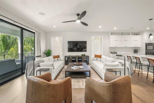 living room featuring light hardwood / wood-style floors and ceiling fan