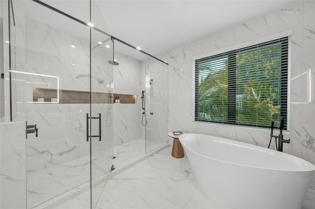 bathroom with plus walk in shower and tile walls