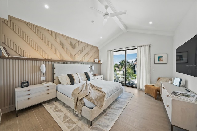 bedroom featuring ceiling fan, lofted ceiling with beams, access to exterior, and light wood-type flooring